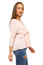 Women's 3/4 Three Quarter Sleeve Ruffled V-neck Top