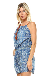 Women's Printed Romper with Braided Pleather Straps