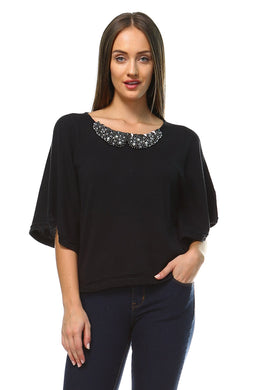 Women's Beaded Neckline Bell Sleeve Top