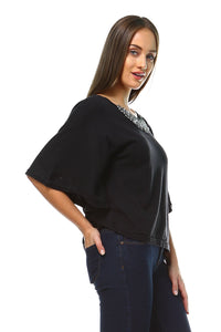 Women's Beaded Neckline Bell Sleeve Top