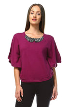 Women's Beaded Neckline Bell Sleeve Top