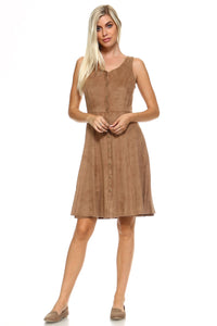 Women's Button Down Camel Suede Sleeveless Midi Dress