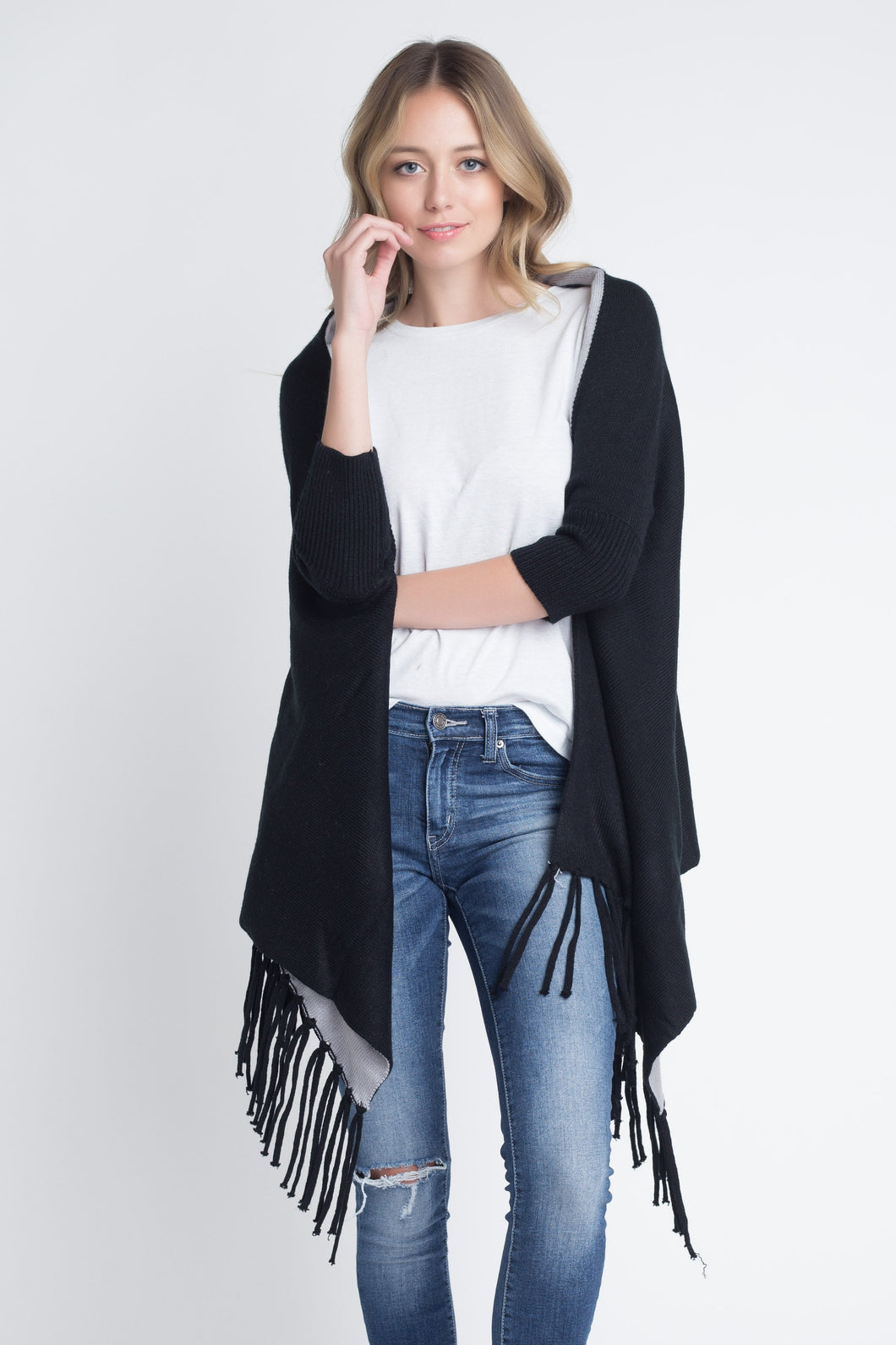 Women's 3/4 Three Quarter Knit Fringe Poncho Sweater