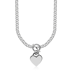 Sterling Silver Rhodium Plated Rolo Chain Necklace with a Heart Toggle Charm