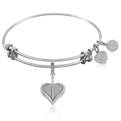 Expandable Bangle in White Tone Brass with Heart With Cross Symbol