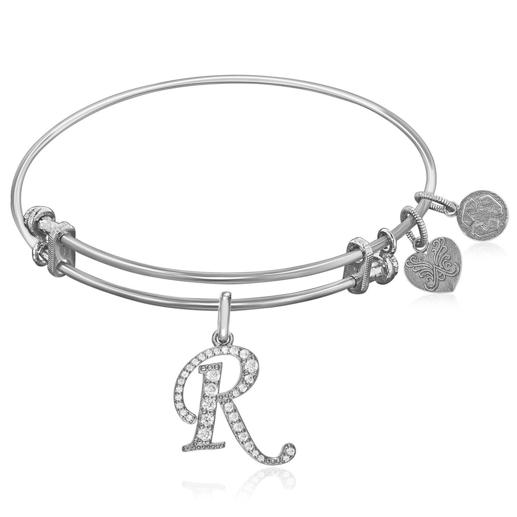 Expandable White Tone Brass Bangle with R Symbol with Cubic Zirconia