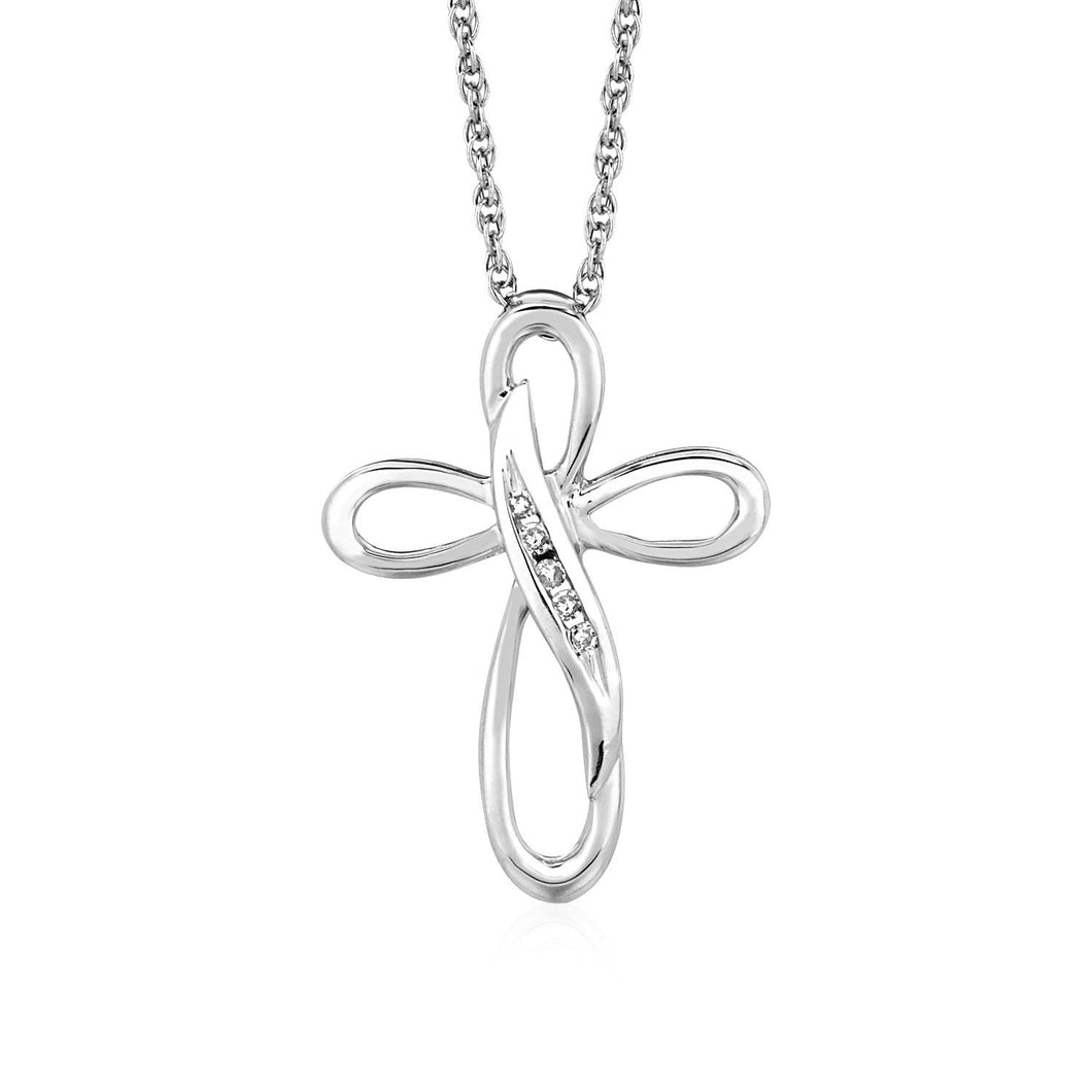 Open Cross Pendant with Leaf Motif Detail with Diamonds in Sterling Silver