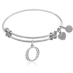 Expandable White Tone Brass Bangle with O Symbol with Cubic Zirconia