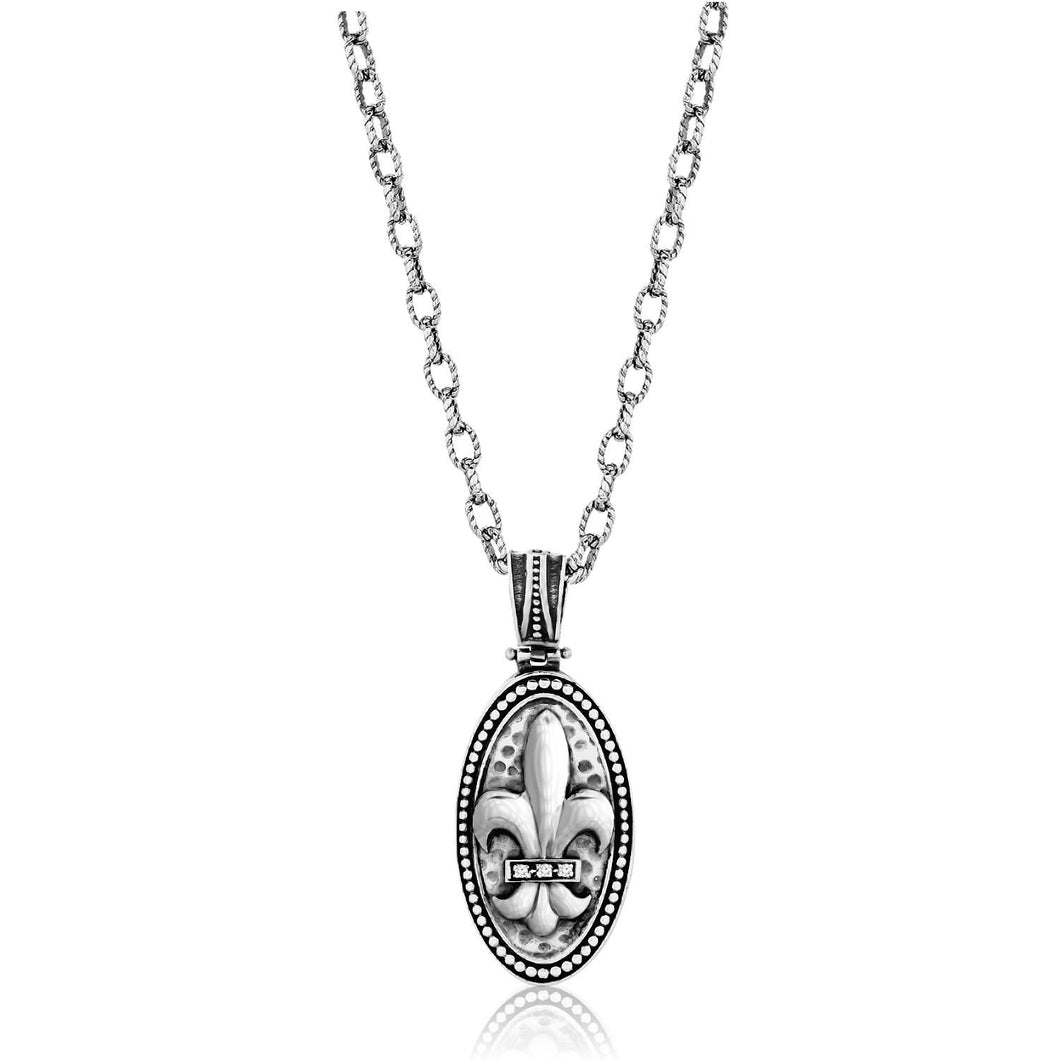 Sterling Silver Oval Fleur De Lis Pendant with Diamonds