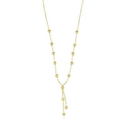 14k Yellow Gold Puffed Heart Station Diamond Cut Lariat Style Necklace