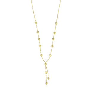 14k Yellow Gold Puffed Heart Station Diamond Cut Lariat Style Necklace