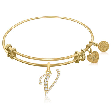 Expandable Yellow Tone Brass Bangle with V Symbol with Cubic Zirconia