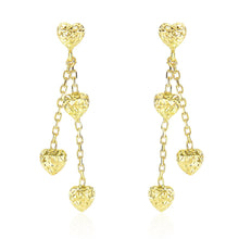 14k Yellow Gold Puffed Heart Diamond Cut Chain Dangling Earrings