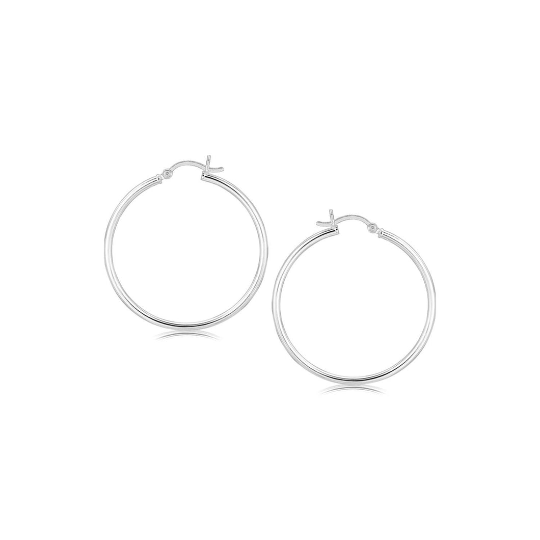 Sterling Silver Rhodium Plated Thin and Polished Hoop Style Earrings (35mm)