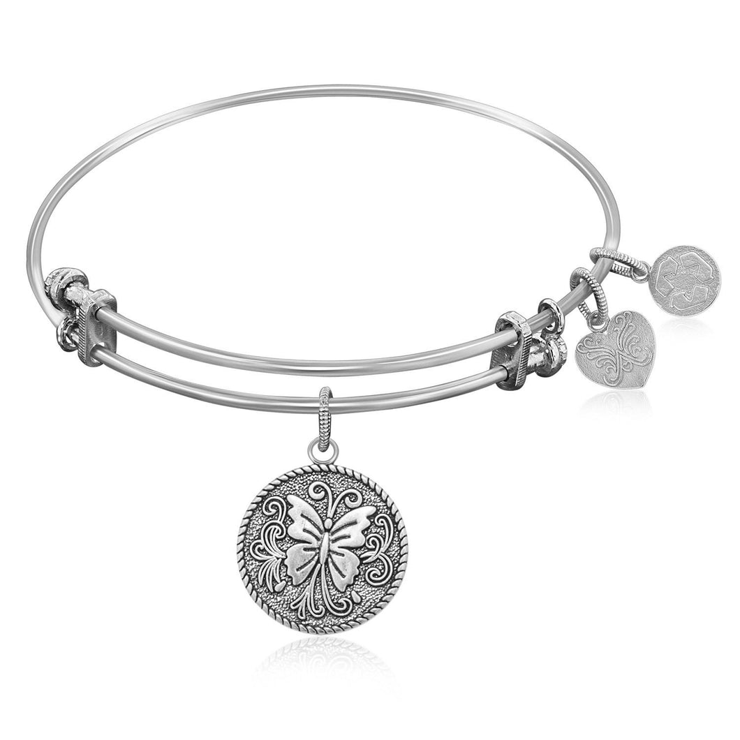 Expandable Bangle in White Tone Brass with Butterfly Transformation Symbol