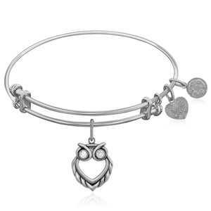 Expandable White Tone Brass Bangle with Owl Angelica Symbol