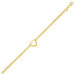 10k Yellow Gold Double Rolo Chain Anklet with an Open Heart Station