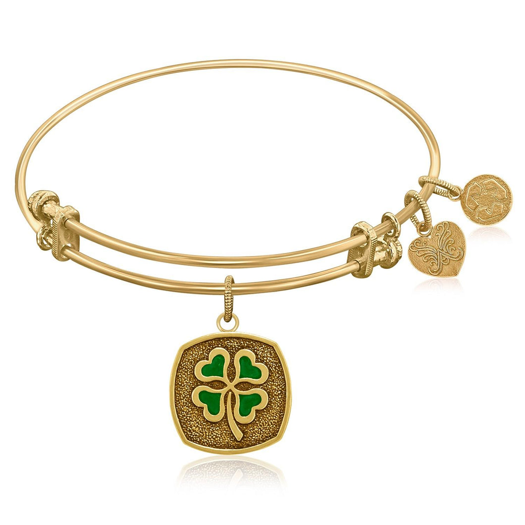 Expandable Bangle in Yellow Tone Brass with Four Leaf Clover Luck Symbol