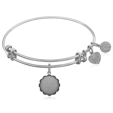 Expandable White Tone Brass Bangle with Plain Engravable Fancy Round Symbol