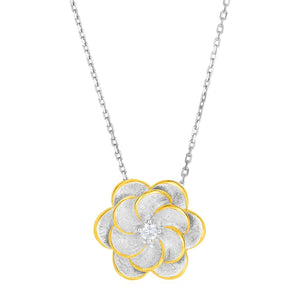 Pendant with Two Toned Flower with Cubic Zirconia in Sterling Silver