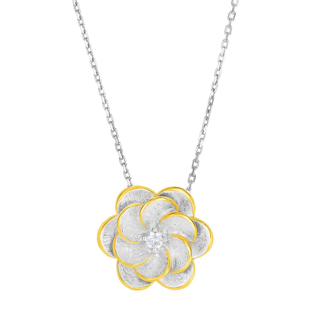 Pendant with Two Toned Flower with Cubic Zirconia in Sterling Silver