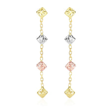 14k Tri-Color Gold Diamond Shape with Diamond Cuts Chain Dangling Earrings