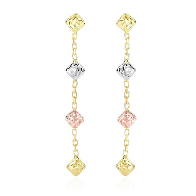 14k Tri-Color Gold Diamond Shape with Diamond Cuts Chain Dangling Earrings