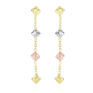 14k Tri-Color Gold Diamond Shape with Diamond Cuts Chain Dangling Earrings