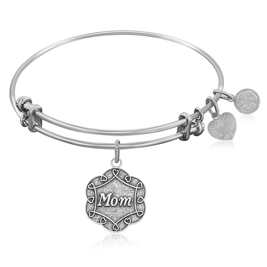 Expandable Bangle in White Tone Brass with Mom Symbol