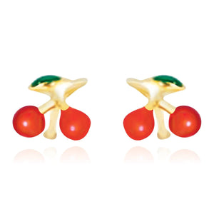 14k Yellow Gold Post Earrings with Cherry Design