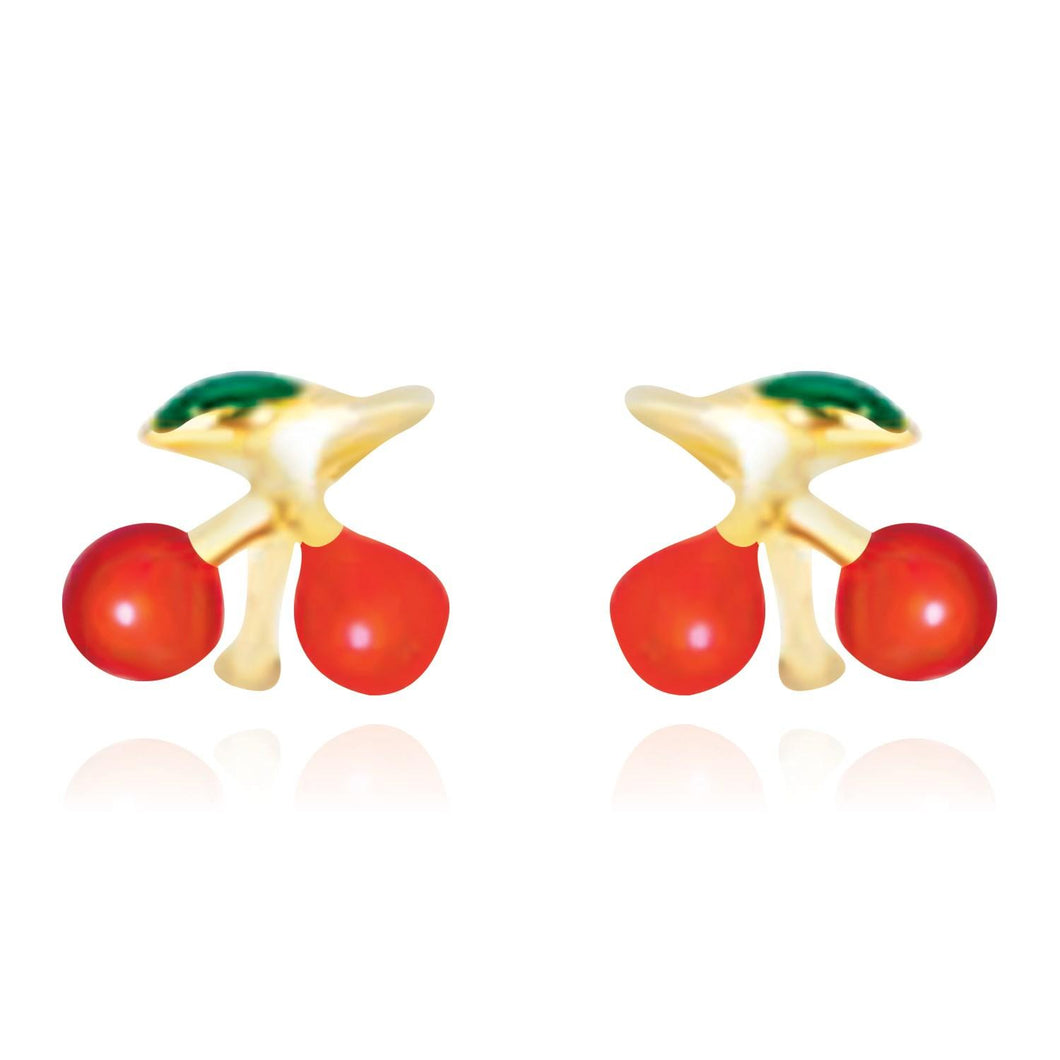 14k Yellow Gold Post Earrings with Cherry Design