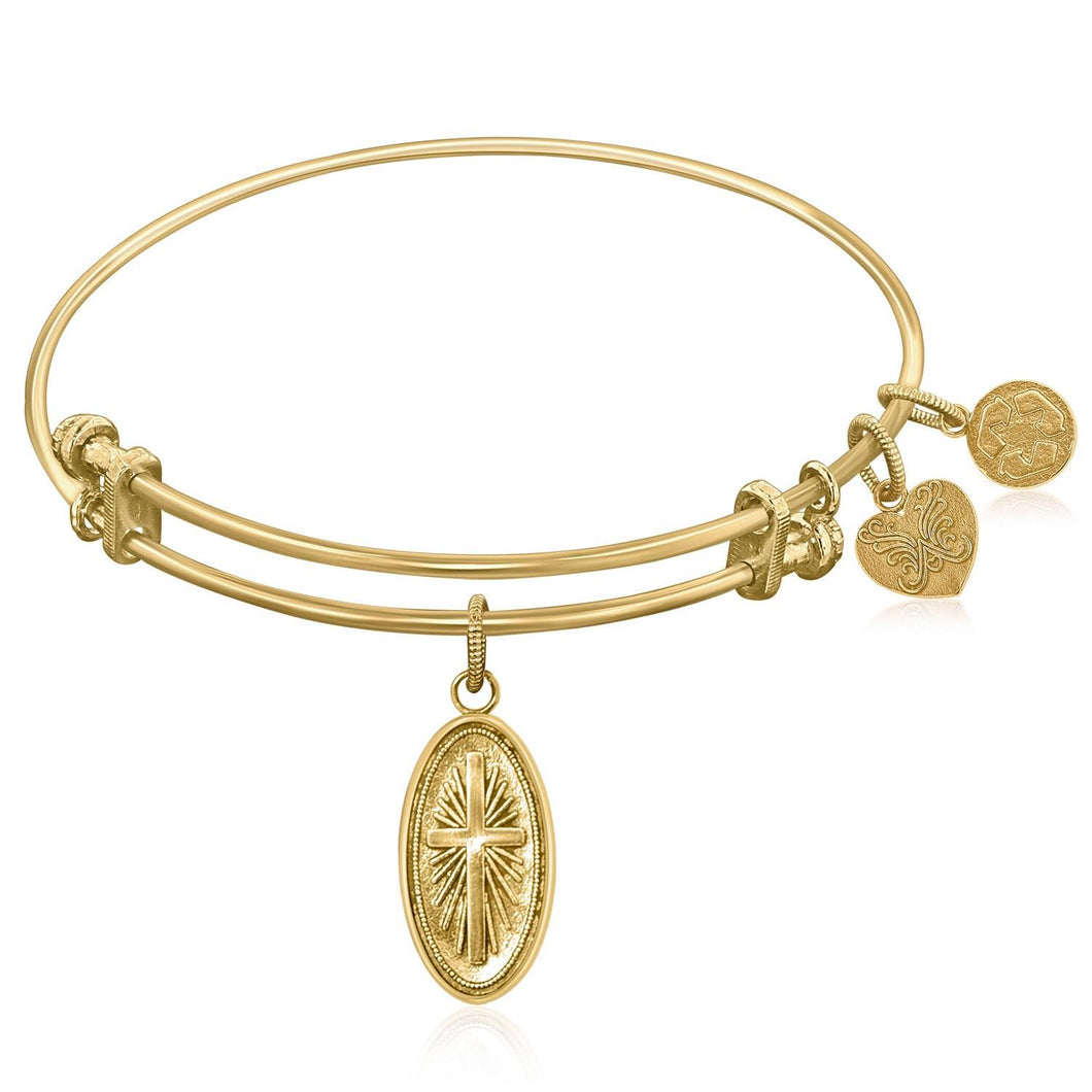 Expandable Bangle in Yellow Tone Brass with Cross Symbol