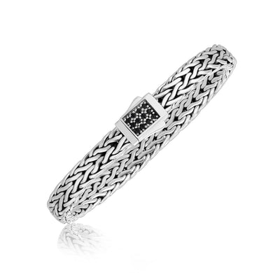 Sterling Silver Braided Men's Bracelet with Black Sapphire Stones