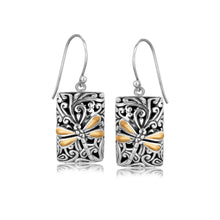 18k Yellow Gold and Sterling Silver Dragonfly Designed Rectangular Drop Earrings