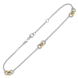 14k Yellow Gold and Sterling Silver Triple Ring Stationed Anklet