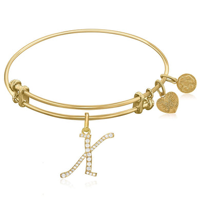 Expandable Yellow Tone Brass Bangle with X Symbol with Cubic Zirconia