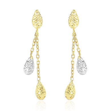 14k Two-Tone Gold Double Row Chain Earrings with Diamond Cut Teardrops