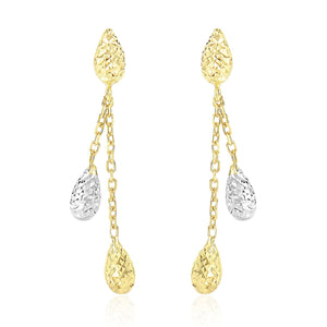 14k Two-Tone Gold Double Row Chain Earrings with Diamond Cut Teardrops