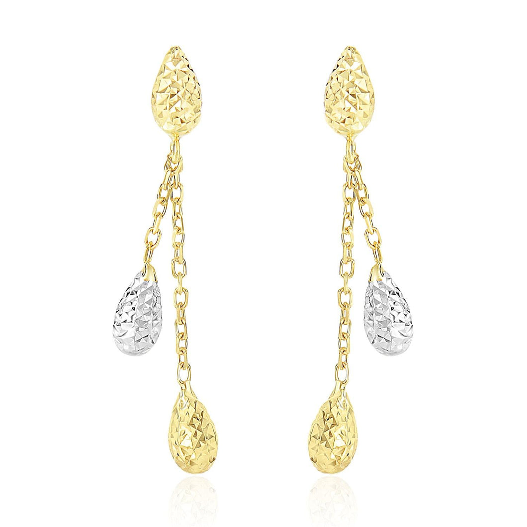 14k Two-Tone Gold Double Row Chain Earrings with Diamond Cut Teardrops