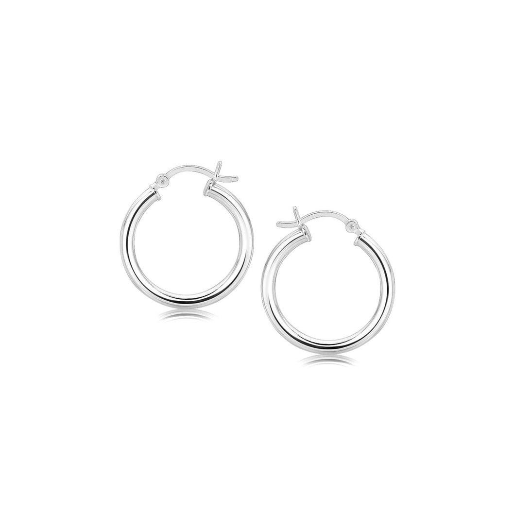 Sterling Silver Polished Hoop Motif Earrings with Rhodium Plating (20mm)