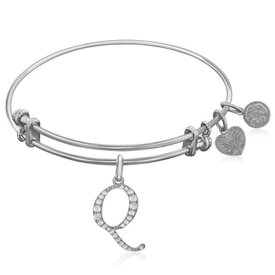 Expandable White Tone Brass Bangle with Q Symbol with Cubic Zirconia