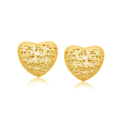 14k Yellow Gold Puffed Heart Motif Lace Stud Earrings