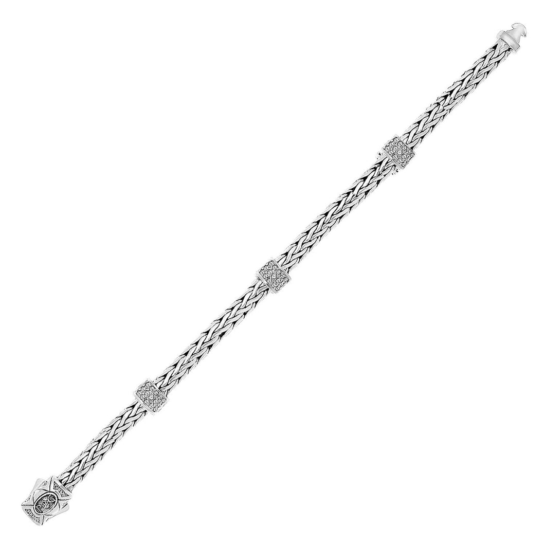 Sterling Silver Woven Bracelet with White Sapphire Accented Stations