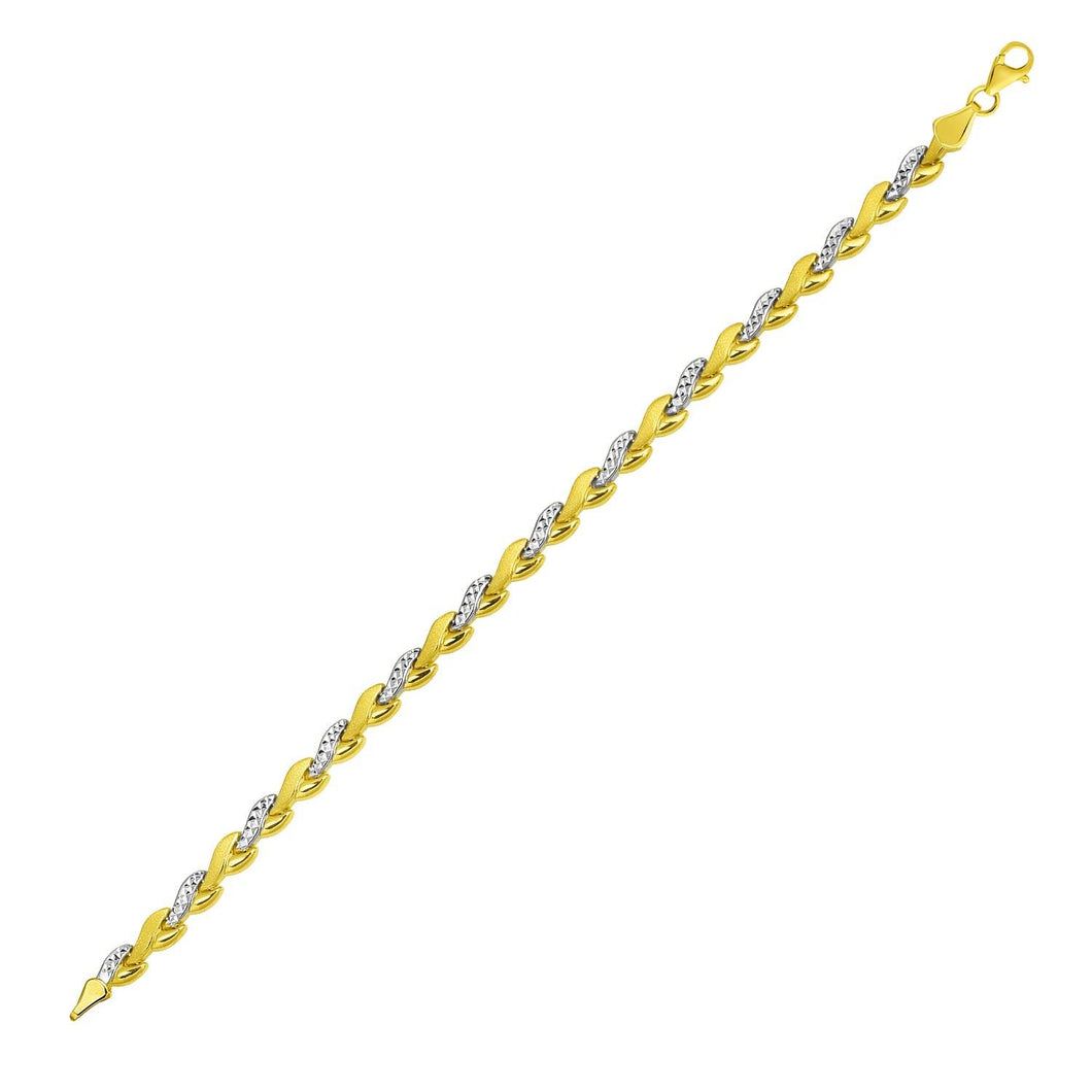 14k Two-Tone Gold Woven Heart Textured Link Bracelet