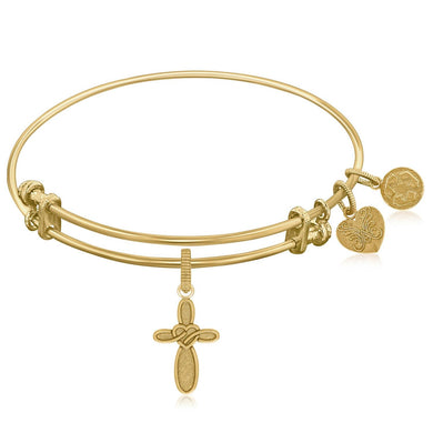 Expandable Bangle in Yellow Tone Brass with Cross with Heart Symbol