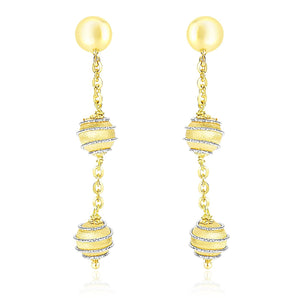 14k Two-Tone Gold Coil Wrapped Ball and Chain Dangling Earrings