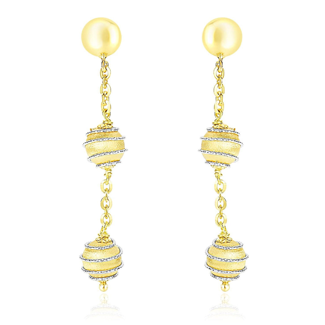 14k Two-Tone Gold Coil Wrapped Ball and Chain Dangling Earrings