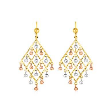 Textured Chandelier Earrings with Ball Drops in 14k Tri Color Gold