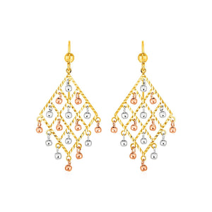 Textured Chandelier Earrings with Ball Drops in 14k Tri Color Gold