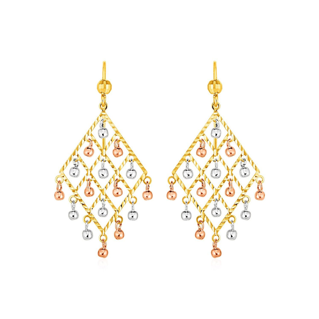 Textured Chandelier Earrings with Ball Drops in 14k Tri Color Gold